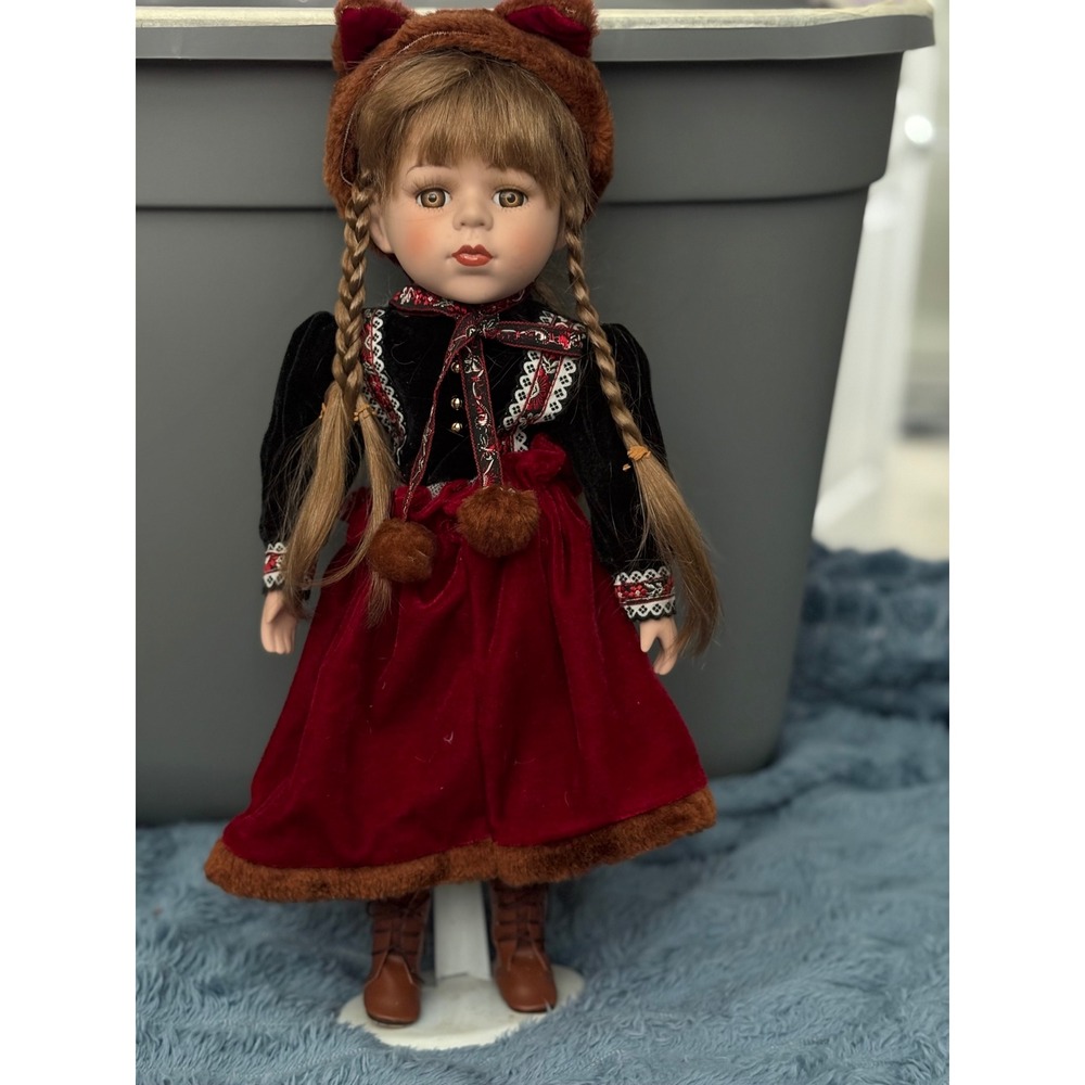 Ashley Belle Porcelain Doll German Red Velvet Dress Bear Hat Boots Collectible